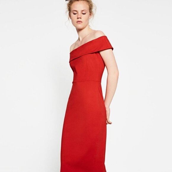 Zara Dresses & Skirts - Zara Basic Off-Shoulder Red Midi Cocktail Dress Stretch Ponte Knit Christmas S